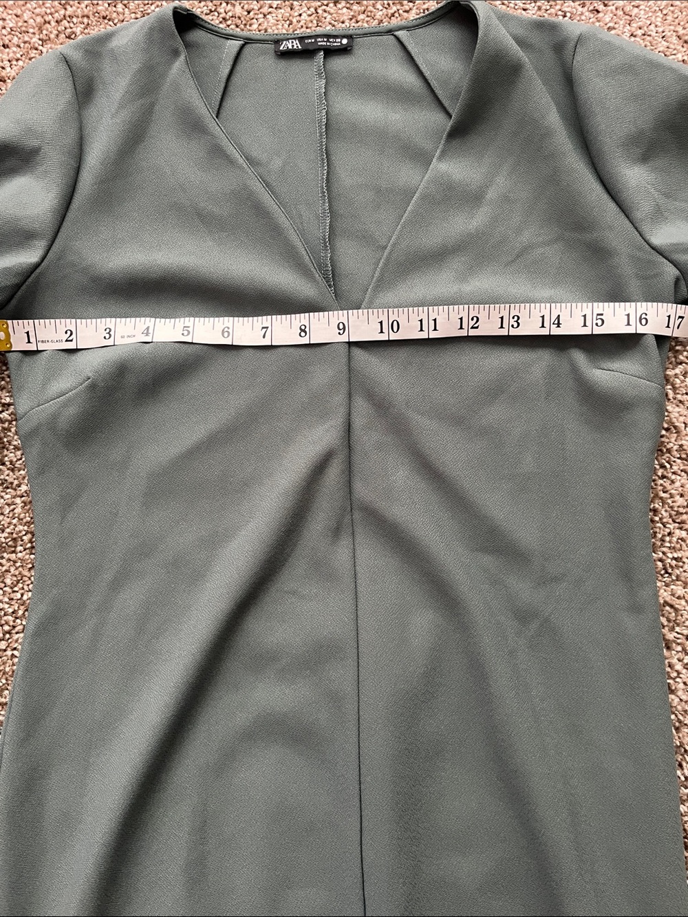 Zara Olive Green Flared Sleeve Lagenlook V-Neck Midi Dress - Picture 6 of 8